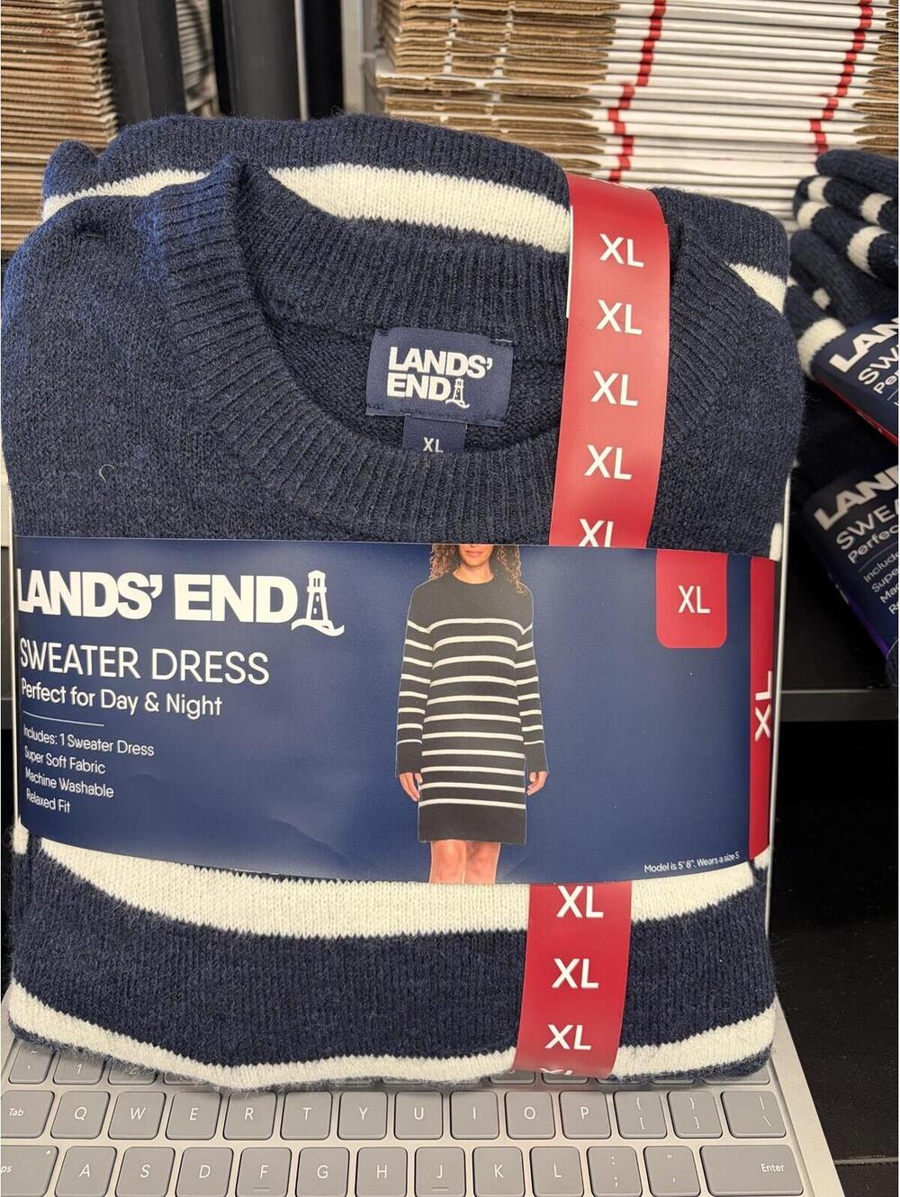 Lands End Navy Blue and White Sweater Dress Size Extra Large